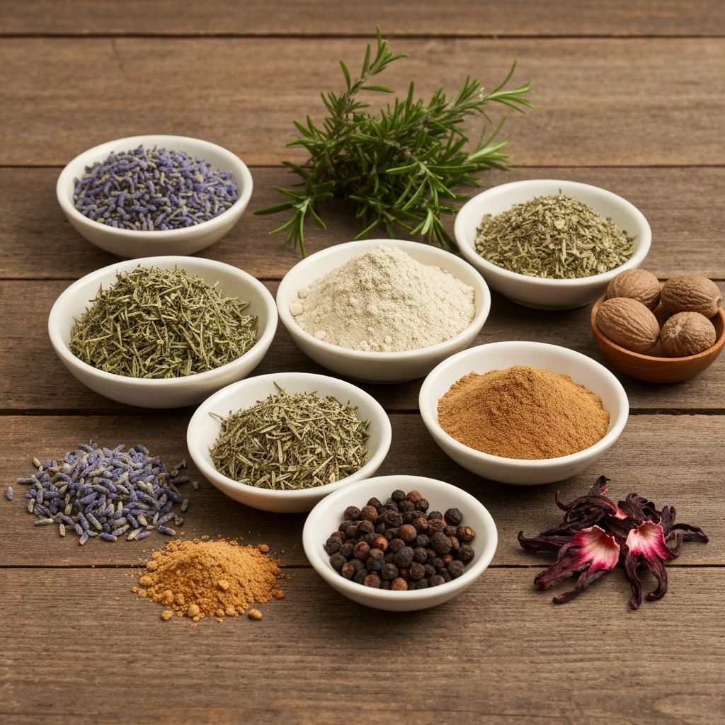 Natural ingredients laid out clearly - dried herbs, powders, and botanicals on natural surface