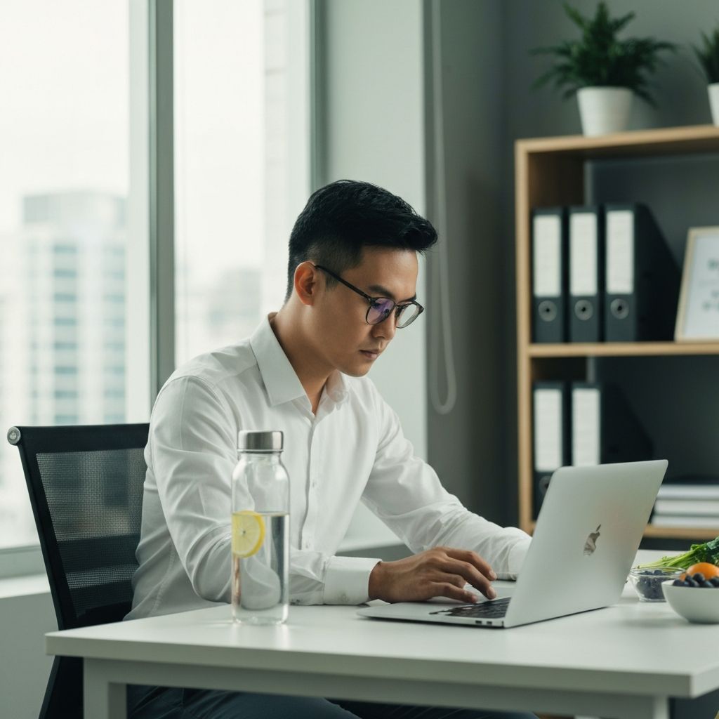 Person working at bright desk with water bottle and natural ingredients nearby