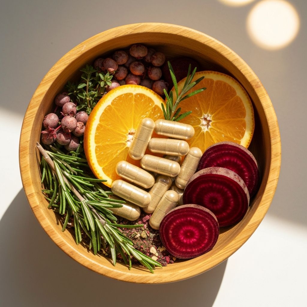 Morning vitality capsule blend displayed with fresh ingredients